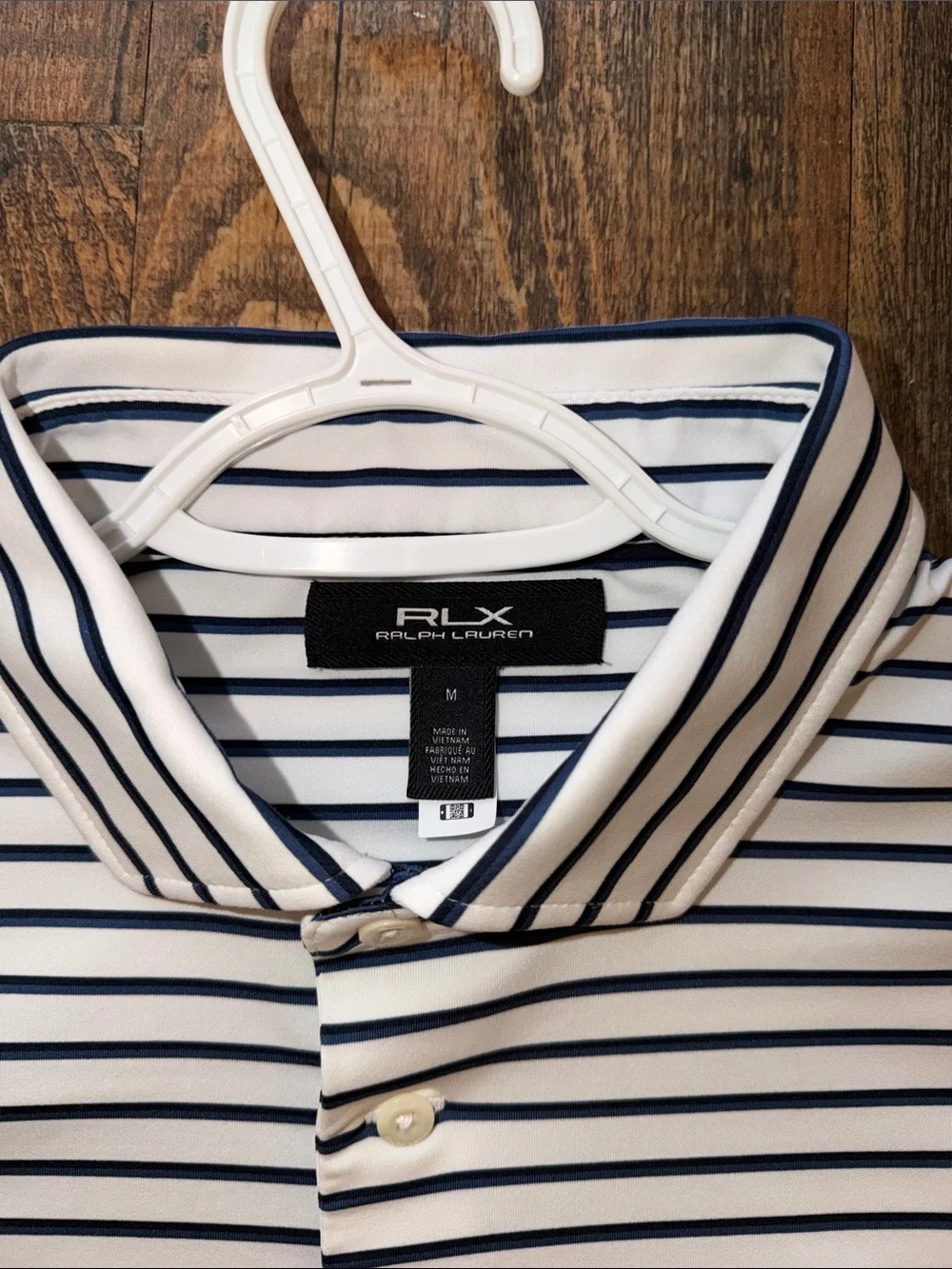 2026 Ralph Lauren RLX Striped Performance Polo (White/Navy) - Size M